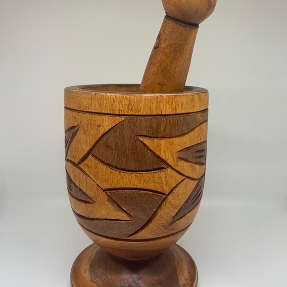 Vintage Hand Carved Wood Footed Mortar and Pestle Set! - Picture 2 of 11